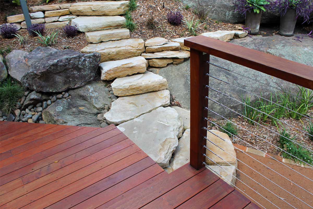 Blaxland Landscaping Sandstone Stairs To Wooden Deck Patio